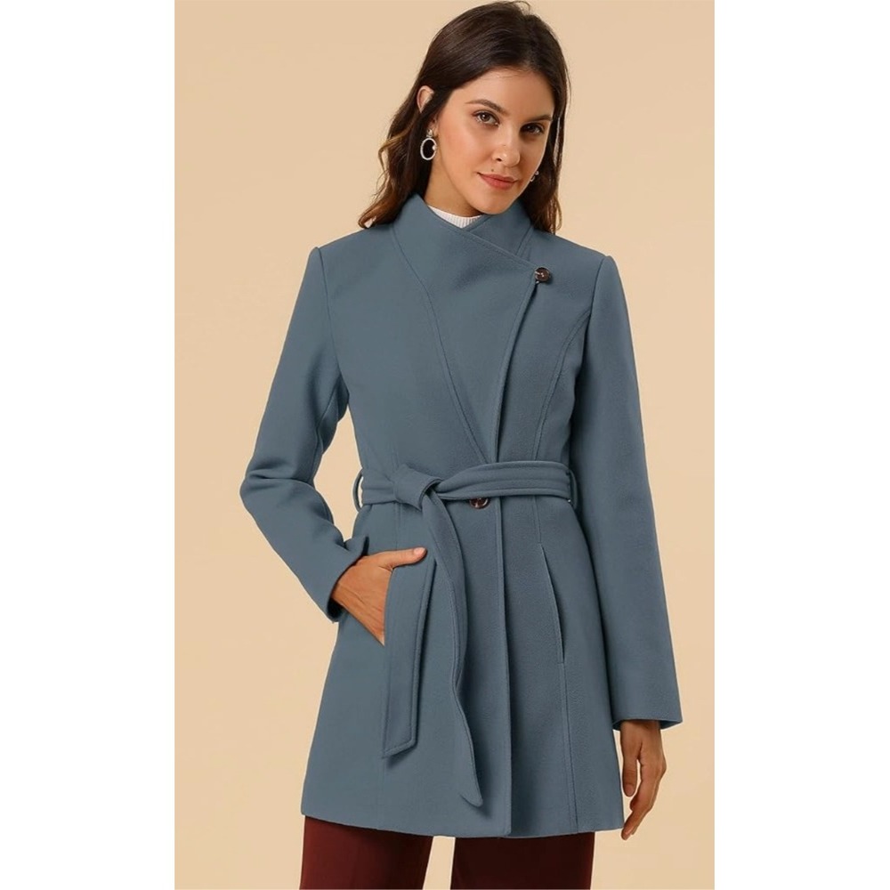 Allegra K‎ Womens Belted A Line Coat Stand Collar Gray Blue Size S NWT